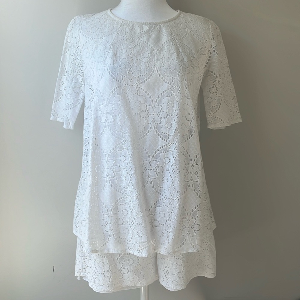 BCBG white lace eyelet shorts jumpsuit romper